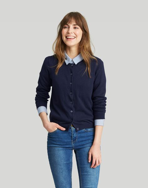 Skye French Navy Cardigan | Joules UK Navy Blue Cardigan Outfit, Navy Cardigan Outfit, Cardigan Outfit Work, Blue Cardigan Outfit, Winter Cardigan Outfit, Linen Style Fashion, Classic Outfits For Women, Cardigan Outfit, Navy Cardigan