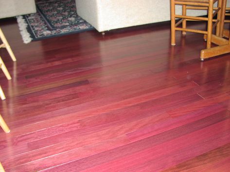 My new obsession- purpleheart wood! Pink Wood Stain, River Rock Bathroom, Manhattan House, Hardwood Flooring Ideas, Paint Color Combos, Geometric Living Room, Purple Heart Wood, Maple Floors, Rental Property Management