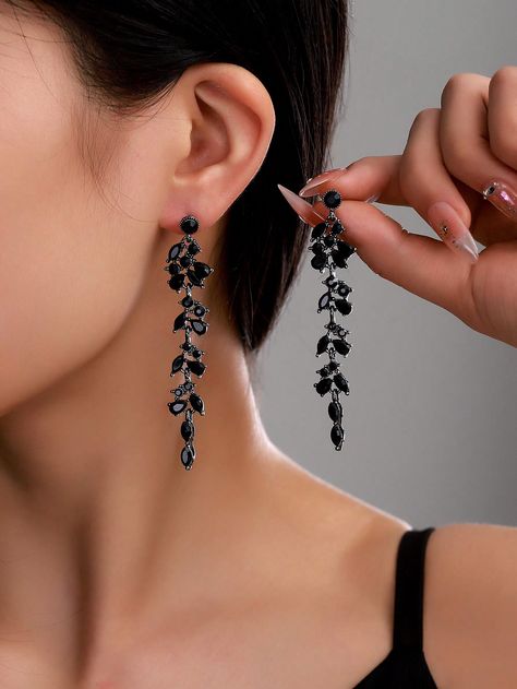 1 Pair Of Elegant Black Alloy Plated Gun Black Long Branch Design With Diamond Set Shiny Crystal Pendant Earrings Ladies Jewelry Wedding Party Date GiftI discovered amazing products on SHEIN.com, come check them out! Silver Earrings Prom, Black Drop Earrings, Long Branch, Earrings Aesthetic, Prom Earrings, Branch Design, Black Jewelry, Fancy Jewelry, Watches Women Fashion