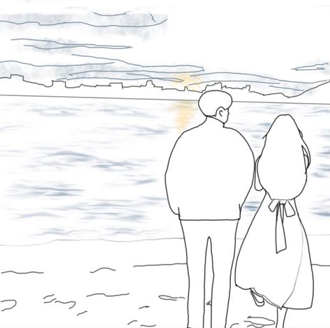 Two people watching the sunrise at the beach #sunrise #coupleromantic #couple #beach #artwork #art #lineart #minimalisticart #people #coupleportrait Couple Drawing Easy, Sunrise Drawing, Sunrise At The Beach, Beach Sketches, Drawing Sunset, Tangled Movie, Art Lineart, Watching The Sunrise, Ocean Drawing