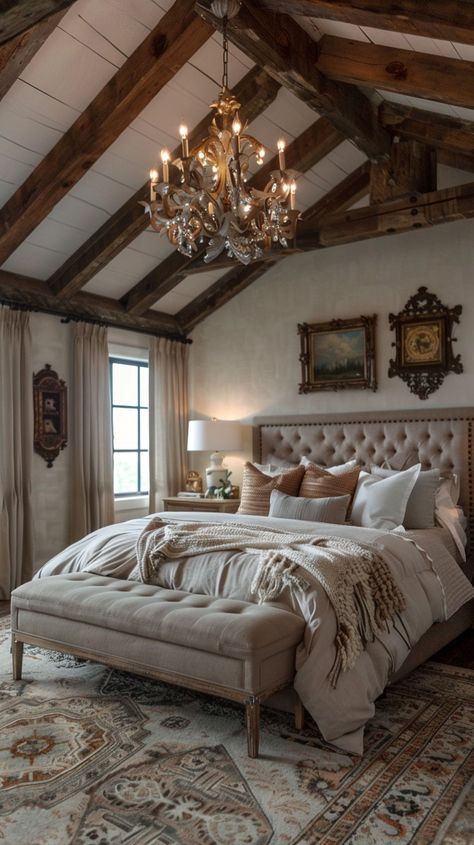 Elegant Bedroom Interior: A cozy and stylish bedroom with exposed beams, chandelier lighting, and tasteful, rustic decor elements. #bedroom #interior #elegance #cozy #stylish #aiart #aiphoto #stockcake ⬇️ Download and 📝 Prompt 👉 https://ayr.app/l/8vRA Beamed Ceilings Bedroom, Classic Cozy Bedroom, Luxury Bedroom Master High Ceilings, Wood Beams In Bedroom, Bedroom Exposed Beams, Beamed Bedroom, Vintage Interior Design Cottage Style, Rustic Romantic Bedroom, Hacienda Style Bedroom