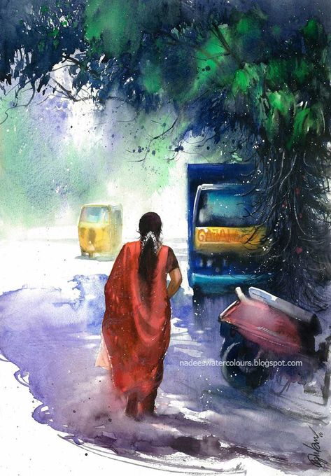 Weather Captured on Canvas by Nadees Prabou! | Creative Gaga Things Painting, Watercolor Indian, Village Drawing, Human Painting, Watercolor Scenery, Drawing Scenery, Human Figure Sketches, Watercolor Paintings Nature, 3d Art Drawing