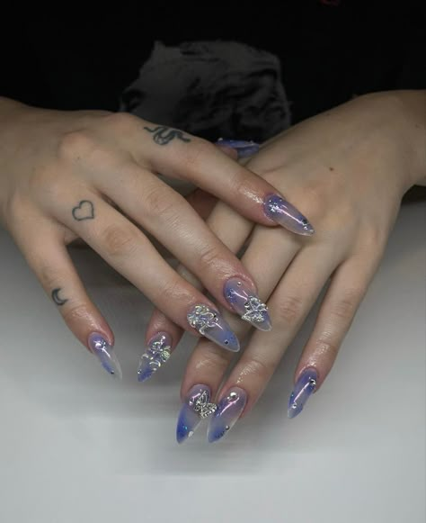 Blue Nails Charms, Blue Purple Nails Ideas, Korean Nail Art Blue, Blue Nails With Charms, Blue Moon Nails, Regular Nails, Theme Nails, Acrylic Manicure, Japan Nail