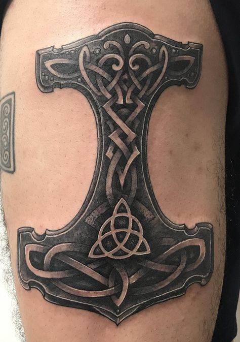 Thor Hammer Tattoo Design, Thors Hammer Tattoo, Mjolnir Tattoo, Thor Hammer Tattoo, Hammer Tattoo, Viking Warrior Tattoos, Thigh Tat, Warrior Tattoos, Norse Tattoo