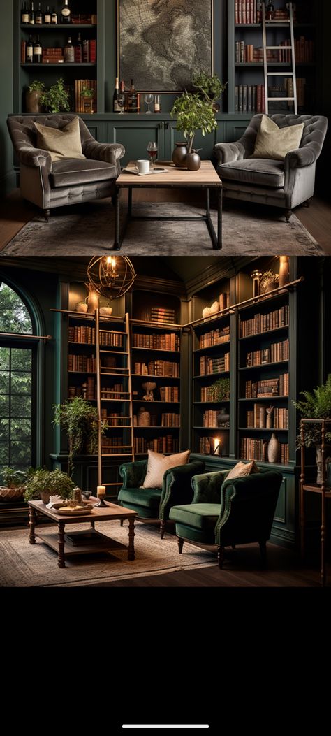 Homes And Gardens Magazine Uk, Dark Library Living Room, Masculine Sitting Area, Desk In Front Of Bookshelves, Small Home Study Room Ideas, Dark Wall Library, Music Room Library Ideas, Modern Library Room Ideas, Library Rug Ideas