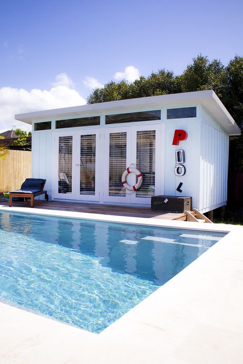 Pool Cabana Australia, Backyard Pool Cabana, Small Pool House, Backyard Entertaining Area, Cabin Photos, Pool House Shed, Backyard Cabin, Pool Cabanas, Pool Shed