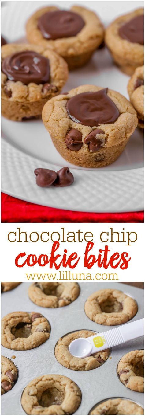 Chocolate Chip Cookie Bites - Simply use your favorite homemade cookie dough recipe (or store bought!), and bake in a mini muffin tin. Then pour melted milk chocolate on top to make these ultra yummy cookie bites!! Chocolate Chip Cookies In Mini Muffin Pan, Recipes With Store Bought Cookie Dough, Chocolate Chip Cookie Cups Muffin Tin, Homemade Cookie Dough Recipe, Chocolate Chip Cookie Bites, Homemade Cookie Dough, Best Egg Recipes, Cookie Dough Recipe, Tin Recipes