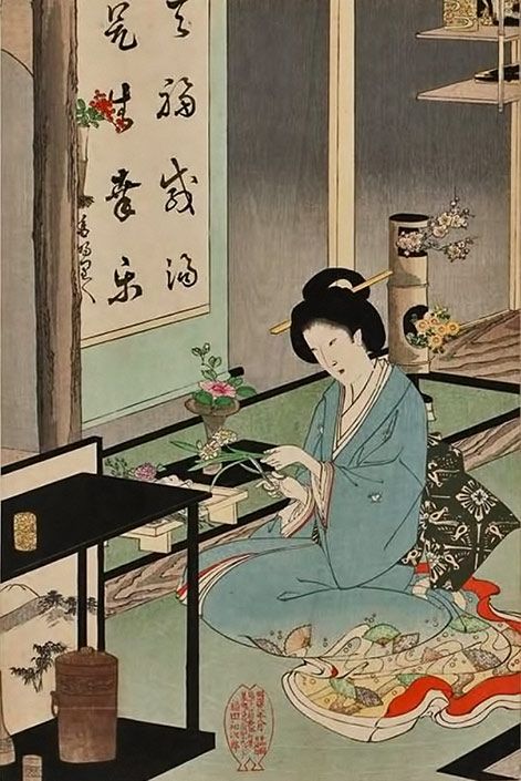 Toyohara-Chikanobu-(Japanese-1838-1912)---Flower-Arranging-and-Tea-Ceremony-(1895) The Tale Of Genji, Tale Of Genji, Arreglos Ikebana, Japanese Woodcut, Heian Era, Art Chinois, Japanese Artwork, Japanese Tea Ceremony, Art Japonais