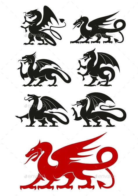 Medieval Black Heraldic Dragons Animals - Monsters Characters Black And Red Icons, Medieval Symbols, Dragon Medieval, Medieval Pattern, Heraldry Design, Medieval Decor, Medieval Dragon, Dragon Icon, Dragon Silhouette