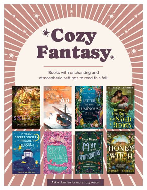 Cozy+Fantasy+Book+Flyer,+Stars+with+Burst Winter Fantasy Books, Cozy Fantasy Books, Reading List Challenge, Book Wishlist, List Challenges, Fantasy Romance Books, Winter Reads, Read List, Well Read