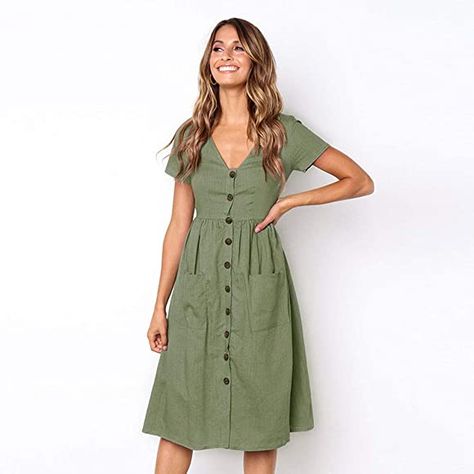 Summer Dresses for Women Casual Midi Dress Short Sleeve Shirt Dress V Neck Button Down Swing A Line Tunic Dress with Pockets: Amazon.co.uk: Clothing Mini Dress Fashion, Mini Robes, Midi Dress Casual, Midi Short Sleeve Dress, Vintage Casual, Dresses Short, Short Sleeve Dress, Waist Dress, Shorts With Pockets