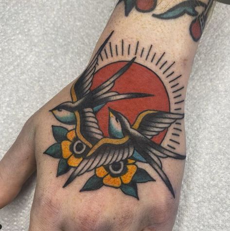 Traditional Tattoo Cover Up, Traditional Tattoo Music, Traditional Swallow Tattoo, Bird Hand Tattoo, Traditional Heart Tattoos, Traditional Hand Tattoo, Mayan Tattoos, American Traditional Tattoo Ideas, Traditional Tattoo Inspiration