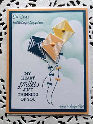 handmade greeting card from the Ramblin' Stamper ... Swirly Bird kites with bow on their strings ... sponged cloudy sky ... blue, yellow, white ... great card ... Stampin' Up! Kite Cards, Su Swirly Scribbles, Bird Stamp, Bird Crafts, Summer Cards, So Satisfying, Cloudy Sky, Bird Cards, Kids Birthday Cards