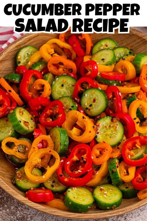 Made with fresh veggies and a flavorful sesame ginger dressing, this viral cucumber pepper salad is a hit for any occasion. The sweet and savory mix of peppers and spicy chili oil makes it perfect for your next party. Best of all, you can whip it up in minutes with just five ingredients. Save this recipe for your next party menu and impress your guests! Cucumber Pepper Salad, Sweet Pepper Salad, Picnic Salad Recipes, Viral Cucumber, Spicy Chili Oil, Salad Taco, Picnic Salad, Salad Macaroni, Sesame Ginger Dressing