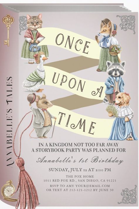 Once upon a time storybook birthday party invitations. Girls birthday party invites featuring fairytale theme. afflink Fairytale Party Invitations, Storybook Princess Party, Storybook Theme Birthday Party, Storybook 1st Birthday Party, Book Birthday Party Theme Kids, Once Upon A Time 1st Birthday Party, Fairytale Birthday Party Ideas, Once Upon A Time Birthday Party, Fairytale Theme Party