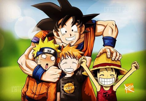 Big 3 Anime Wallpaper, Anime Three Friends, The Big 3 Anime, Big Three Anime, Big 3 Anime, Goku And Naruto, Anime Multiverse, Luffy Naruto, All Anime Characters