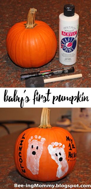 Baby’s First Halloween Pumpkin Painting, Pumpkin Baby Foot Prints, Baby Footprint Ghost On Pumpkin, Pumpkin Ideas For Infants, My First Halloween Pumpkin Painting, 1st Halloween Pumpkin Painting, Infant Halloween Party, Daycare Pumpkin Decorating, Baby’s First Fall Ideas