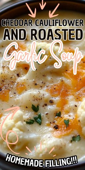 Cheddar Cauliflower and Roasted Garlic Soup Cheddar Cauliflower Roasted Garlic Soup, Roasted Garlic Cauliflower Soup, Roasted Garlic Soup, Cheddar Cauliflower, Exotic Recipes, Roasted Garlic Cloves, Creamy Cauliflower Soup, Soup Recipes Healthy, Roasted Cauliflower Recipes