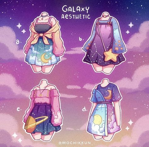 Star Based Character Design, Moon Themed Outfits Drawing, Galaxy Clothes Drawing, Galaxy Themed Outfits, Star Theme Outfit, Galaxy Hair Drawing, Slime Outfit, Moon Themed Outfits, Character Clothing Ideas