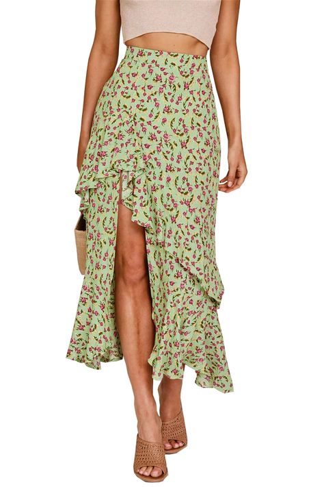 BTFBM Women Boho Floral Print Long Skirt Chic High Low Side Split Ruffle Hem Elastic Waist Swing Maxi Cotton Dress #Sponsored Beach Maxi Skirt, Printed Long Skirt, French Street, Calf Sleeve, Spring Boho, Long Maxi Skirts, Long Skirts, Floral Print Skirt, Maxi Skirts