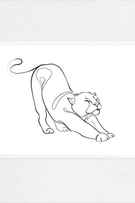 Lion Stretching Tattoo, Leopard Minimalist Tattoo, Lion Line Tattoo, Fine Line Lion Tattoo, Leopard Line Art, Puma Tattoo, Stretch Pose, Angels Tattoo, Tattoo Espalda