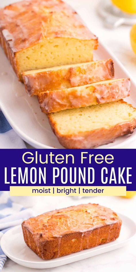 This easy Gluten Free Lemon Pound Cake recipe is sure to brighten your day. Greek yogurt keeps it moist and tender, and don't forget the glaze that adds an extra burst of bright citrus. It is simple to make, and you'll be ready to enjoy a slice of this lemony loaf as a breakfast quick bread or lovely dessert. Gluten Free Lemon Desserts, Gluten Free Lemon Pound Cake, Gluten Free Pound Cake, Gluten Free Lemon Cake, Lemon Loaf Recipe, Gluten Free Cake Recipe, Lemon Pound Cake Recipe, Lemon Bar, Easy Gluten Free Desserts