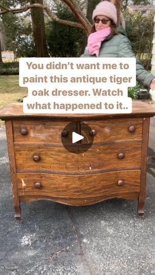 Painting Oak Furniture, Oak Dresser Makeover, Gold And White Wallpaper, Refinished Antique Dresser, Old Furniture Makeovers, Tiger Oak Dresser, Night Stand Makeover, Dresser Remodel, Antique Dresser Makeover