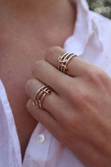 Two Spinelli Kilcollin rings with three bands and connectors. Sterling silver, 18k yellow and rose gold. Spinelli Wedding Band, Spinelli Ring, Spinelli Kilcollin Rings, Gifts For Daughters, Ring Stacks, Metalsmithing Jewelry, Diamond Stacking Rings, Stacked Jewelry, Layered Jewelry