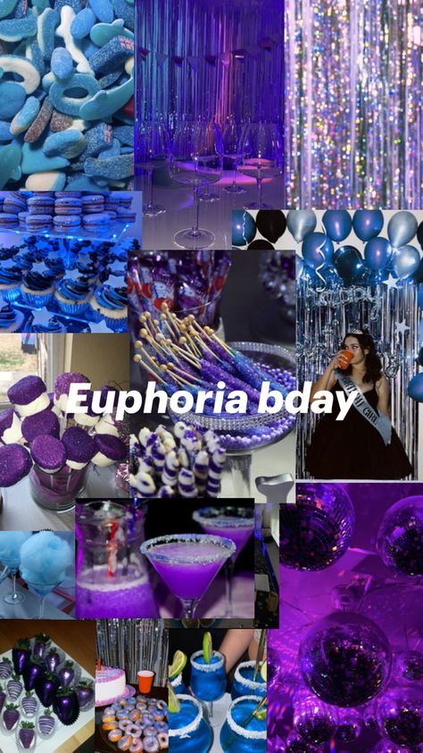 Birthday party ideas Euphoria Hoco Theme, Sweet 16 Party Color Schemes, Themes For 18th Birthday Party, 18th Birthday Party Ideas Purple, Euphoria Themed Cake, Euphoria Party Food, 18th Birthday Pool Party Ideas, 17th Party Ideas, 15 Year Birthday Party Ideas