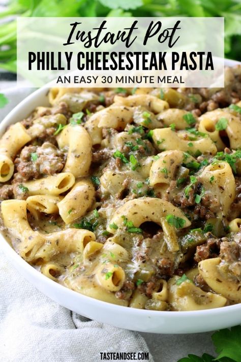 Philly Cheesesteak Pasta, Cheesesteak Pasta, Beef Recipe Instant Pot, Instant Pot Pasta Recipe, Elbow Pasta, Philly Cheesesteak, Best Instant Pot Recipe, Beef Stock, Provolone Cheese