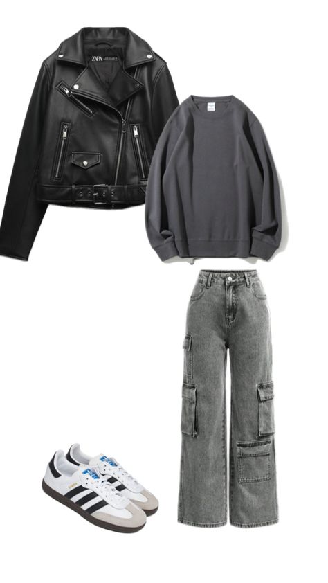 Channel effortless street style with this edgy fall look! A black leather jacket pairs perfectly with a cozy oversized dark gray sweatshirt, giving off an effortlessly cool vibe. Wide-leg cargo jeans add a utilitarian edge, while the classic Adidas Samba sneakers complete the look with a sporty touch. Perfect for laid-back days or casual nights out. #StreetStyle #FallFashion #EdgyLook Jean Jacket Outfit, Edgy Street Style, Dark Jean Jacket, Samba Sneakers, Dark Jean, Jean Jacket Outfits, Street Style Edgy, Casual Night Out, Gray Sweatshirt