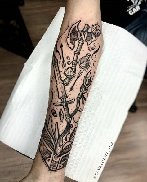 Geek Sleeve Tattoo, Fantasy Themed Tattoo Sleeve, Fantasy Couple Tattoo, Cute Dnd Tattoo, Dnd Tattoos Ideas, Minecraft Inspired Tattoo, Witcher Sleeve Tattoo, Dnd Sleeve Tattoo, Geek Tattoo Sleeve