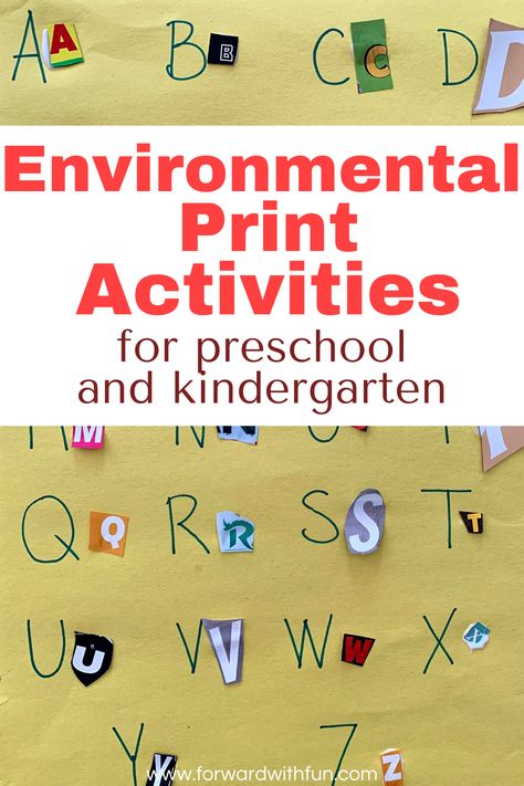 alphabet written on a piece of yellow paper with letters cut out from magazines and glued by the matching letter. example of environment print activity Concepts Of Print Activities, Environmental Print Preschool, Environmental Print Activities, Writing Center Preschool, Literacy Classroom, Sustainability Activities, Letter Learning Activities, Concepts Of Print, Life Skills Class