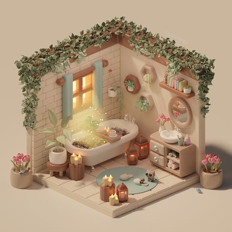 Isometric Bathroom, Blender 3d Art, Blender Room, Isometric Rooms, Isometric Room, Blender Art, Bed Vector, Interior Concept Art, Cozy Bathroom