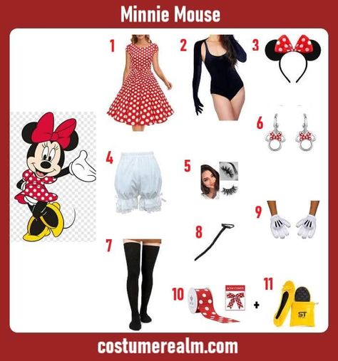 Minnie Mouse Costume Guide: DIY, Tips, And More For Halloween Minnie Mouse Womens Costume, Diy Minnie Mouse Costume For Women, Minnie Mouse Diy Costume, Minnie Mouse Costume Diy, Minnie Mouse Halloween Costume, Daisy Costume, Costume Guide, Minnie Mouse Headband, Minnie Mouse Costume