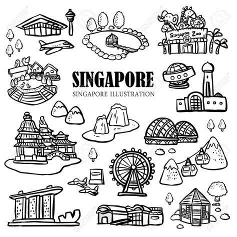 Singapore National Day, Travel Book Design, Singapore School, Travel Doodles, Doodle Wall, Singapore Zoo, Singapore Art, Travel Journal Scrapbook, Hand Style