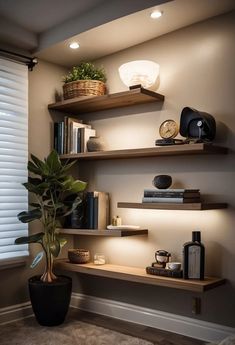 Floating Shelves Bedroom, Simple Ornaments, Floating Shelves Living Room, Bookshelves In Bedroom, Cozy Living Room Design, Accent Wall Bedroom, Ideas Casa, Shelves In Bedroom, Living Room Remodel