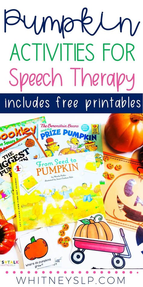 Looking for pumpkin activities for speech therapy? This post includes books, crafts, speech and language activities, preschool activities, games, and FREEBIES! Fall Themed Speech Therapy Activities, Pumpkin Speech Therapy Activities, Fun Speech Therapy Activities, Story Grammar Marker, Slp Classroom, Fall Speech Therapy, Therapy Crafts, Preschool Slp, Speech Therapy Activities Preschool