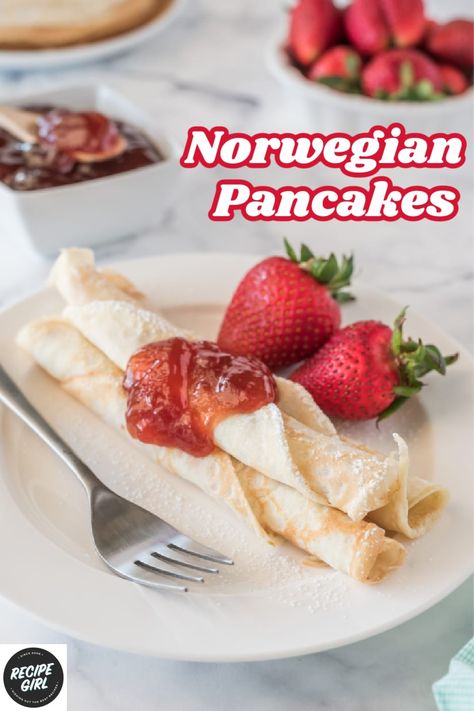 Norwegian Pancakes Recipes, 2023 Desserts, Norwegian Pancakes, Cookbook Club, Norwegian Recipes, Entertaining Dishes, Swedish Pancakes, Easy Breakfasts, Viral Recipes