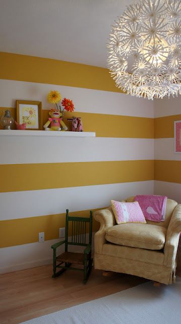 Yellow Striped Wall, Ceiling Lamp Ideas, Kids Room Paint Ideas, Striped Walls Bedroom, Wall Paint Colour Combination, Ikea Light, Yellow Accent Walls, Circu Magical Furniture, Stripe Wall