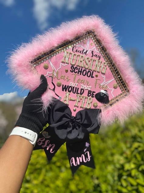 What A-FIB they told when they said nursing school would be easy pezy! But the journey is worth each reward. Graduation Cap Designs College Nursing, Healthcare Graduation Cap Ideas, Phlebotomy Graduation Cap, Next Stop Nursing School Cap, Barbie Grad Cap, I Did It For You Graduation Cap, Esthetician Graduation Cap, Medical Assistant Graduation Cap, Graduation Cap Nurse