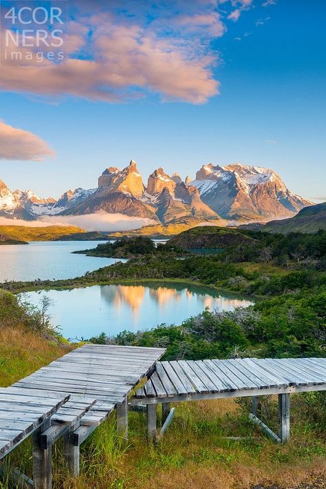 Chile Magallanes y Antartica Chilena Patagonia, Andes, Torres del Paine National Park, Lake Pehoe Sunrise over the Torres del Paine across lake Pehoe #4cornersimages #travelphotography #landscapephotography #travelinspiration #travelaesthetic Chile Trip, Chile Photography, 888 Manifestation, Fly To Fiji, Fiji Beach, Torres Del Paine National Park, Punta Arenas, Patagonia Chile, Chile Travel