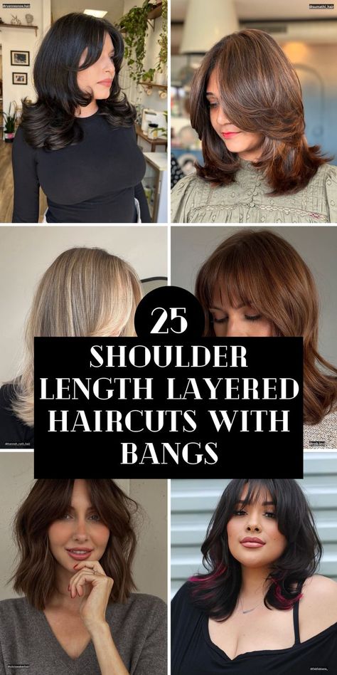 Shoulder Length Layered Haircuts Layered With Bangs Shoulder Length, Layered Haircuts For Medium Hair Face Framing, Short Face Frame Layers, Straight Lob With Side Bangs, Shoulder Length With Bangs And Layers, Women Shoulder Length Haircut With Bangs, Haircut Long Forehead, Face Framing Shag With Bangs, Bangs Medium Hair Round Face