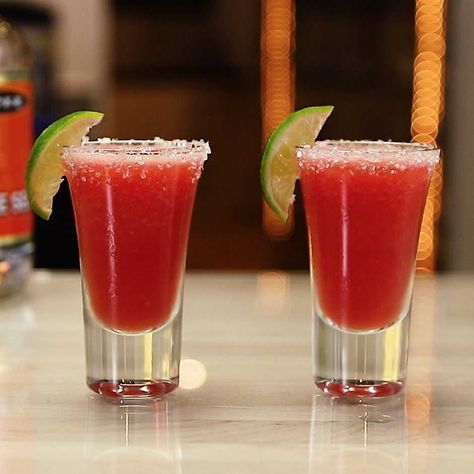 Check out this tasty cocktail recipe with tequila, light tequila, and white tequila. Similar to Day Of The Dead Watermelon Margarita. Margarita Shots, Lime Cocktail Recipes, Watermelon Shots, Watermelon Cocktail Recipes, Watermelon Tequila, Citrus Cocktails, Cocktail Shots, Frozen Watermelon, Watermelon Margarita