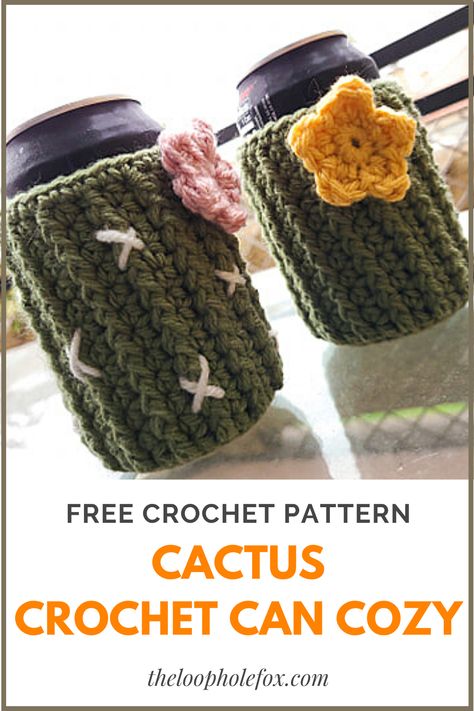 Keep your hands from getting too cold this summer with this crochet can cozy. This adorable cactus cozy is a crochet can koozie free pattern that works up quickly and is easy to customize for any personality. Create as many different cactus can cozy's as you like with this easy and free crochet pattern. Easily doubles as a crochet beer cozy to keep your beverage nice and cool this summer. #crochetcancozy #summercrochetideas #summercrochetpatterns #freecrochetpattern Diy Crochet Cup Cozy, Crochet Yeti Cozy, Crochet Cactus Cup Cozy, Can Cozies Crochet, Crochet Can Cozy Pattern, Free Crochet Can Cozy Patterns, Coozie Crochet Pattern Free, Easy Crochet Gifts Free Pattern, Beer Can Cozy Crochet Free Pattern