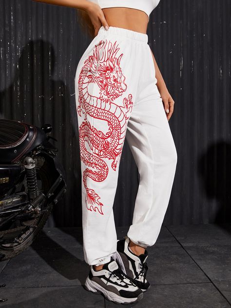 White    Cotton Animal   Slight Stretch All Women Bottoms White Jeans Painting, Painted Sweatpants, Dragon Pants, Bespoke Denim, Custom Jeans Diy, Reworked Clothes, Cute Sweatpants Outfit, Women Sweatpants, Cute Sweatpants