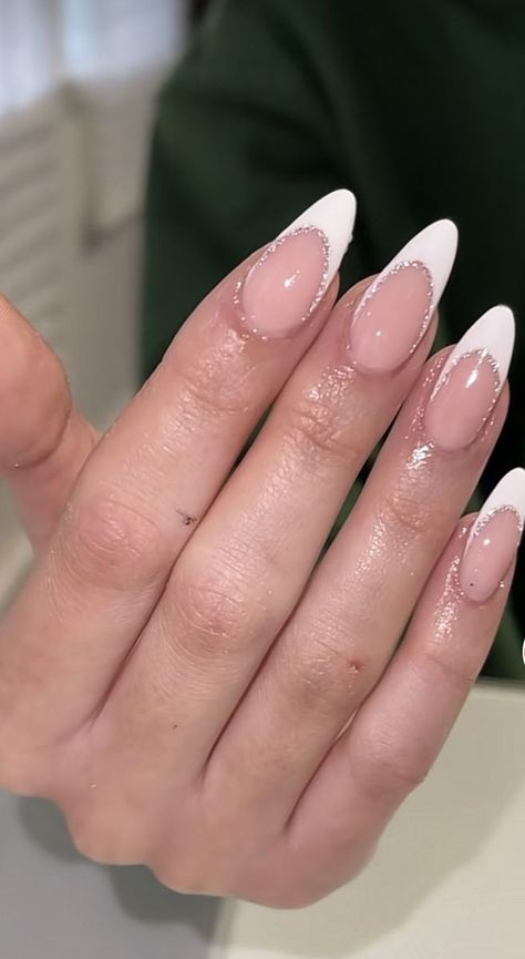 Glitter French Nails, Formal Nails, French Tip Acrylic Nails, Classic Nails, Classy Acrylic Nails, Almond Acrylic Nails, Acrylic Nails Coffin Short, Prom Nails, Square Acrylic Nails