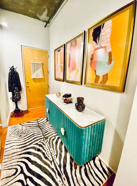 Zebra Rug Office, Living Room With Zebra Rug, Zebra Living Room Decor Ideas, Zebra Rug Decor, Maximalist Entryway Ideas, Zebra Print Wall, Funky Entryway Ideas, Zebra Rug Bedroom, Zebra Rug Living Room