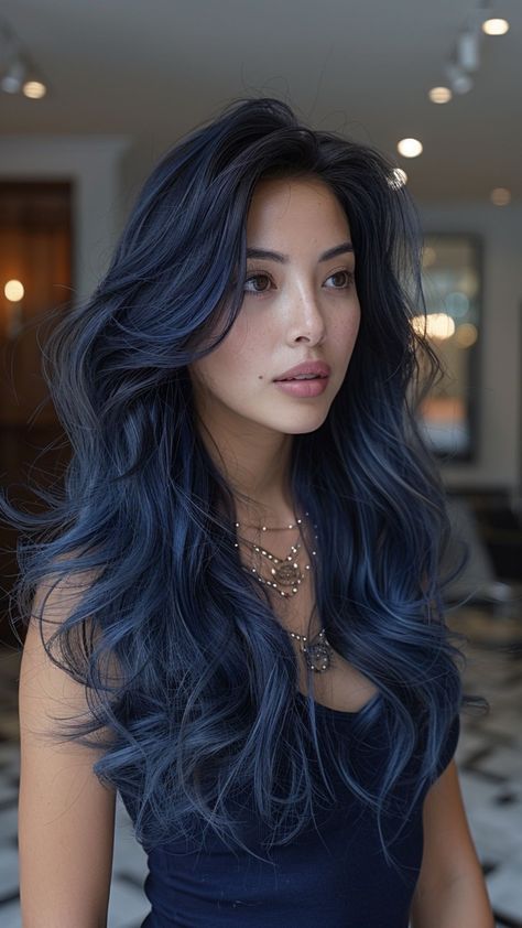 24 Serene Blue Black Hair Inspirations Dark Blue Hair On Black Hair, Blue Black Hair Pale Skin, Black To Blue Balayage, Black Hair Undertones, Black Hair Dyed Blue, Long Hair Colors Ideas, Cosmic Blue Hair, Black With Blue Undertone Hair, Dark Hair Dye Color Ideas