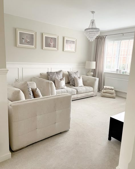 Pannelling Behind Sofa, Beige Feature Wall Living Rooms, White Living Room Paneling, Country Living Room Panelling, Panneling Rooms Cream, Wall Panelling In Living Room, Neutral Panelling Living Room, Grey And Neutral Living Room Ideas, Half Panelled Living Room